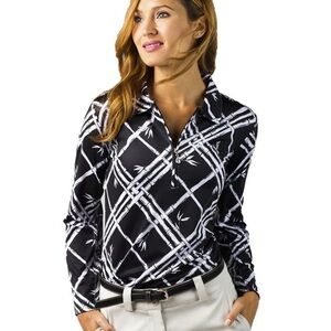 SanSoleil SolCool Black & White Bamboo Diamond Print Zip Polo - Small - EUC